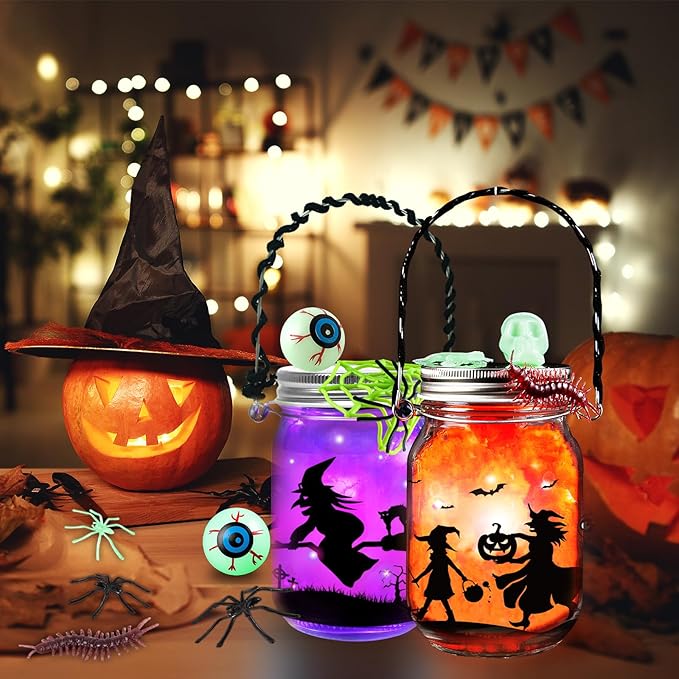 Halloween Crafts for Kids, 12 PCS Mason Jar with Accessories for DIY Craft & Art Party Favor Supplies, Halloween Decoration Trick or Treat, Classroom Art Activities