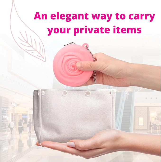Adorable Pink Peri - Menstrual Period Cup Case Storage Bag | Rose Design + Silicon Material | Easy to carry, clean, and use | Metal Chain attached | Multi-use for small items (Cup not included) Pink