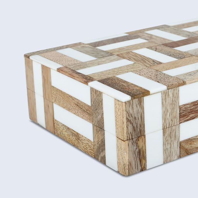 Handicrafts Home White Decorative Storage Box with Lid Wood Remote Control Box Coffee Table Storage Box Remote Holder for Living Room Decor – Resin Inlay Marquet Chase Collection - 8x5x2