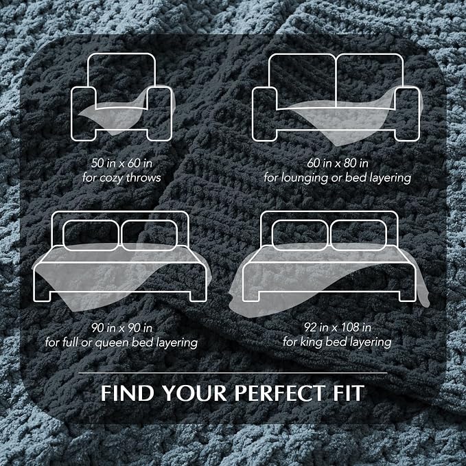 EVERGRACEHOME Chunky Chenille Knit Throw Blanket, 108x92, Stormy Blue | Sculpted Moss Stitch, Chic Modern Farmhouse, All-Season Warmth, OEKO-TEX® Certified, Oversized King for Couch, Bed, Sofa