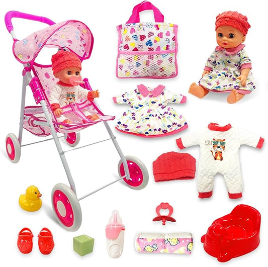Baby Doll Stroller Set Interactive Baby Doll Eyes Open & Close with Doll Accessories Pretend Play Playset Realistic Baby Stroller Toy for Kids Toddlers Girls Ages 3+