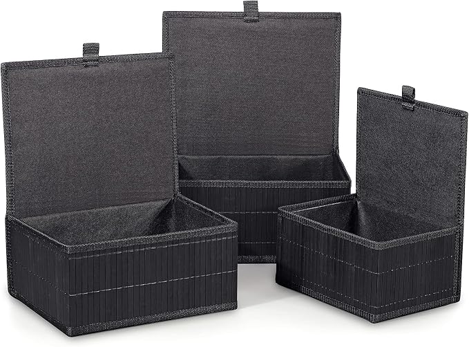 Honygebia Bamboo Decorative Storage Boxes - Set of 3 Woven Lined Storage Basket with Lids, Black Wicker Lidded Baskets for Home Kitchen Shelf Organizer Decor