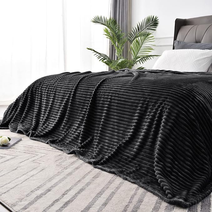 BEDELITE 3D Ribbed Jacquard Black Full Size Blankes for Bed, 84x90 Inch | Soft Warm Decorative Fluffy Blanket, Cozy Fuzzy Lightweight Plush Fleece Throw Blankets for Bed, Room Decor, Gift for Women