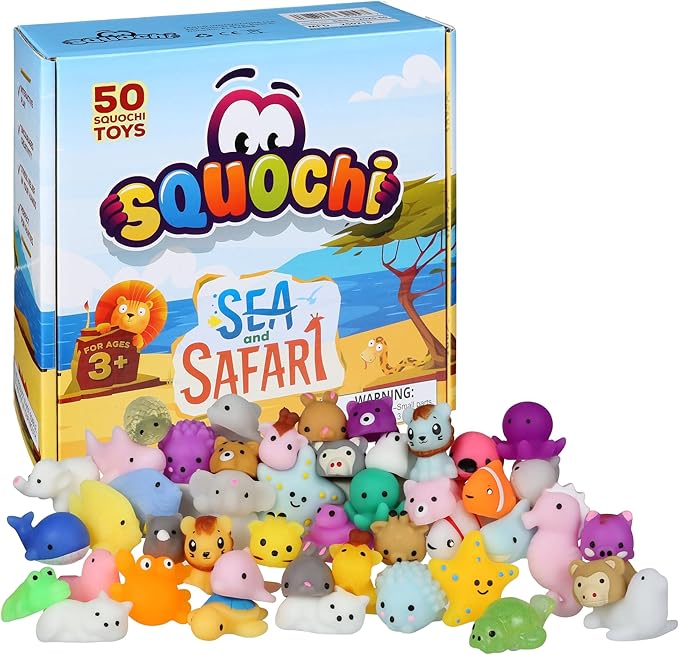 Sea & Safari Squishy Toys 50pcs – Collectible Mochi Fidget Toys in Blind Bags | Sea & Land Animal Shapes | Storage Tote, Playmat, Collector’s Guide | Party Favors, Sensory, Classroom Prizes