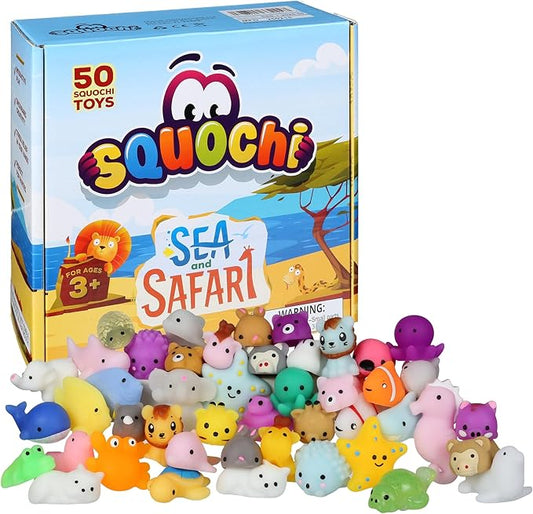 Sea & Safari Squishy Toys 50pcs – Collectible Mochi Fidget Toys in Blind Bags | Sea & Land Animal Shapes | Storage Tote, Playmat, Collector’s Guide | Party Favors, Sensory, Classroom Prizes