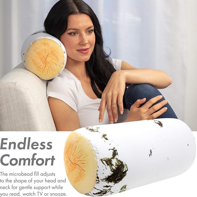 PILLOWY Microbead Log Roll Pillow - Bolster Tube Pillow Cushion Perfect Therapy Pillow - Airy Squishy Soft Bead Bag Bed Room Decoration, Neck Pillow Back Head Body Support, 14" X 8", Birch Wood
