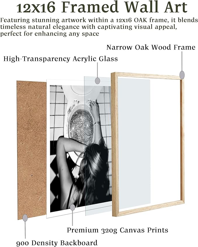 EcoHest 12x16 in After the Disco Party Framed Wall Art for Bathroom | Natural Oak Wood Frame, Canvas Wall Art, Black & White Funny Wall Decor for Bathroom, Bedroom, Dorm Room, College Room, 1Pack