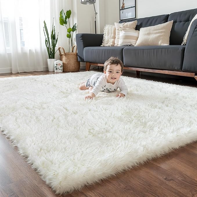 KICHOWUA 5x8 Thick Cream White Fluffy Shag Rug for Bedroom, Plush Washable | Ivory Area Rug for Living Room, Kids Nursery, Boys Girls Dorm Room, Shaggy Carpet
