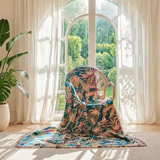 LUTBM Boho Throw Blanket for Couch 50"x60", Cotton Decorative Bed Throws | Reversible Leaves Birds Jacquard, All-Season Lightweight Soft Blanket, For Chair Sofa Bedroom Living Room Decor, Accent Gift