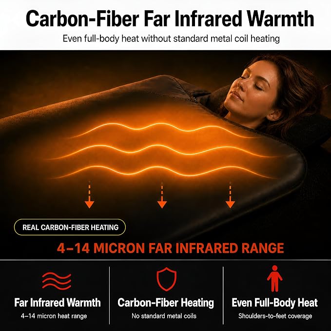 Portable Infrared Sauna Blanket for Home, Carbon Fiber Far Infrared Heating, Low EMF Full Body Sauna Blanket with Washable Towel Insert, Carry Bag & Digital Controller, Relaxation & Recovery