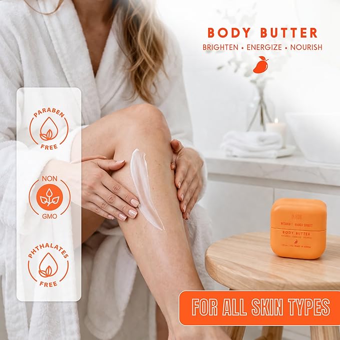 Vitamin C Body Butter with Mango Sorbet – Dermatologist Tested, Anti-Aging Korean Skin Care – Deep Hydration, Soft Dewy Glow, Fast-Absorbing & Non-Greasy – Vegan, Clean Beauty – 7.05 Oz