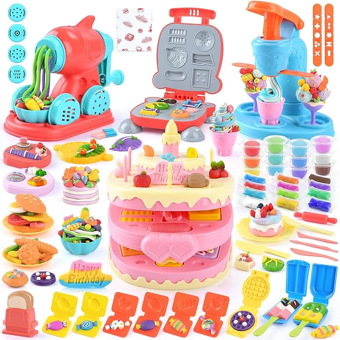 WeeHomm 4 in 1 Color Dough Set Kitchen Creations with Ice Cream/Cake/Noodle/Hamburger Maker Machine, Arts Crafts Play Food Toys Tools Kit for Boys Girls Kids Toddlers Ages 3+ , 24 Dough