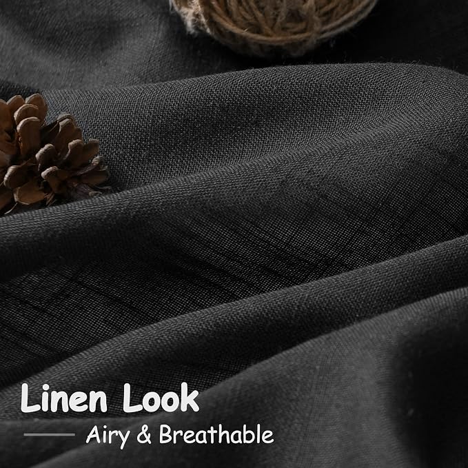 Black Linen Curtains 80 inches Long for Bedroom Back Tab Light Filtering Privacy Sheer Black Curtains Modern Farmhouse Coastal Decor Black Cotton Textured Gauze Curtain 2 Panel Set 52x80