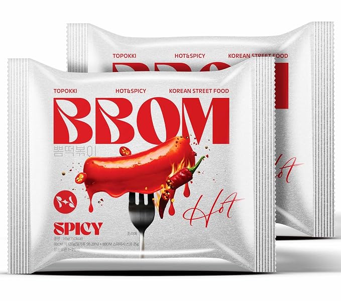 BBOM Instant Korean Tteokbokki Pouch – Sweet & Spicy Street Food – Easy and Convenient Preparation – Includes Tray, Rice Cakes & Powder Sauce, 3 Flavors_5.19oz (147g) x 2ea (Spicy)