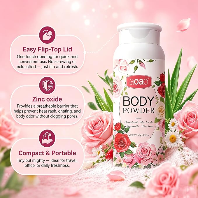 AOAO Women's Body Powder, Talc-Free Cashmere Dusting Powder for Women, Sweat & Chafing Soothe with Aloe, Protect Zinc Oxide, Hypoallergenic Formula for Underarms Thighs & Skin Folds, Daily Fresh-2pack