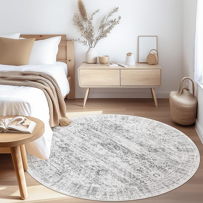 Soalmost 6x6 Grey Round Rug 6ft Circle Living Room Area Rugs Non-Slip | Washable Vintage Indoor Carpet for Dining Bedroom, Low Pile Stain Resistant Foldable Floor Mat Entryway Home Office Decor