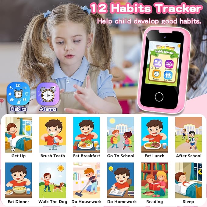 Kids Phone for Girls Toys, Gifts for 3 4 5 6 7 8 9 Year Old Girls Boys Christmas Birthday Kids Toys, Touchscreen Toddler Learning Cell Toy Phone with Dual Camera, Game, Music Player, 8GB Card Pink