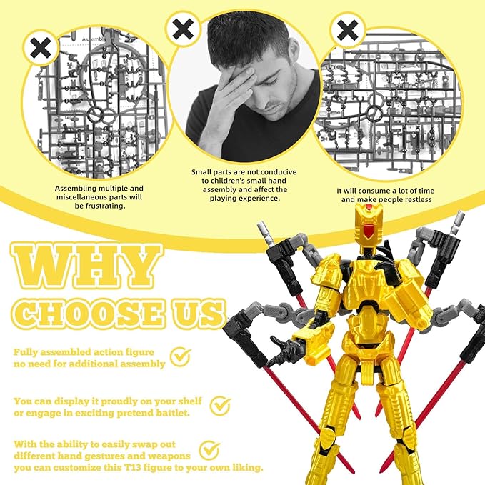 Assembly Completed T13 Action Figure，T13 mision 13 figuras originales 3D Printed Toys Nova 13 Action Figures Desktop Decorations for Game Lovers Toy (Yellow, 5.5 Inch)