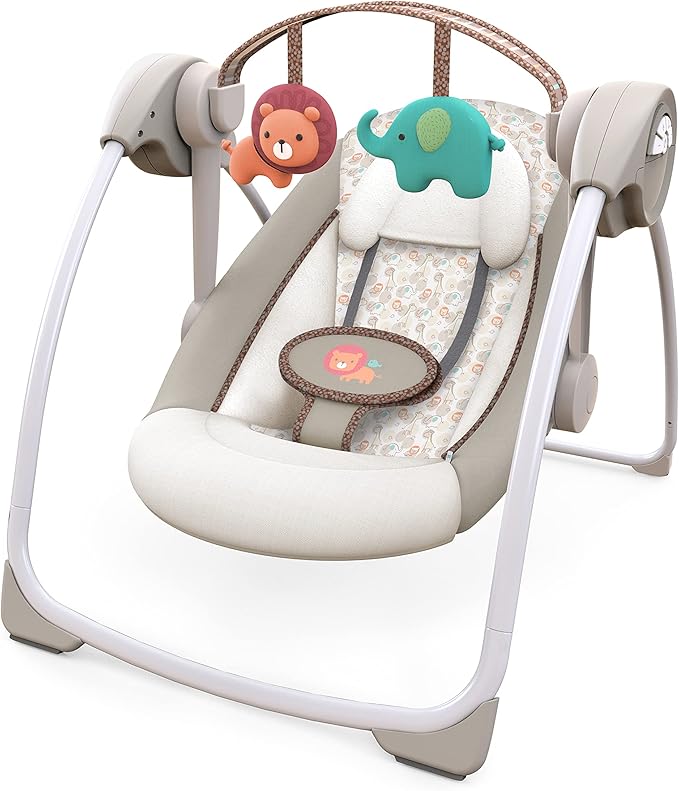 Ingenuity Soothe 'n Delight Compact Portable 6-Speed Plush Baby Swing with Music, Folds Easy, 0-9 Months 6-20 lbs (Cozy Kingdom)