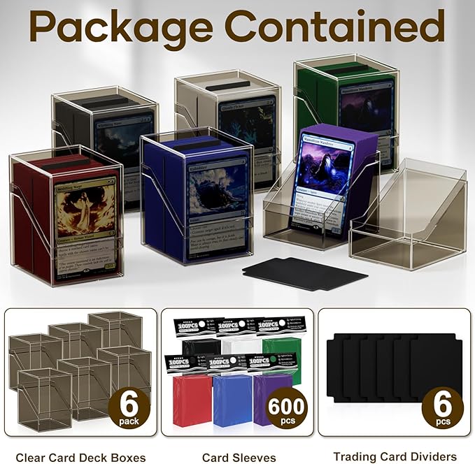 YSCare 6 Pack Card Deck Cases, Commander Deck Boxes with 600Pcs Card Sleeves and Dividers, Standard Size Cards Storage Box Perfect Fit for MTG, Sport, Trading Cards (6 colors)