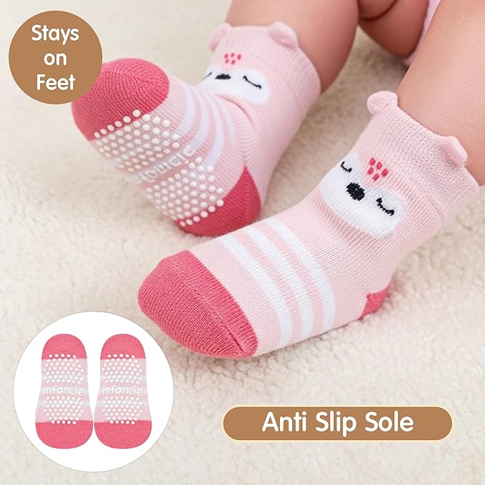 Organic Cotton GOTS Certified Non-Slip Baby Socks 0-6 Months - 7 Pairs Soft Breathable Newborn Socks Animal Design For Infant