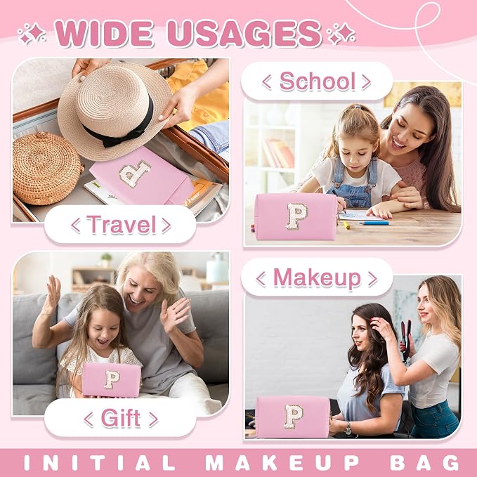 Small Personalized Initial A-Z Patch Makeup Bag,Pink Cute PU Leather Glitter Letter Cosmetic Bag for Teen Girls,Travel Toiletry Bag with Zipper,Preppy Monogrammed Birthday Gift for Daughter Niece P