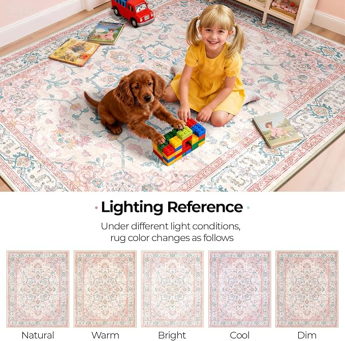 CAPALOCA Square 5ft Washable Nursery Girls Low Pile Area Rug Pink Teal | Non-Slip Soft Rugs for Bedroom Kids Playroom Living Room, Print Pattern Water Repellent Carpet Indoor Decor