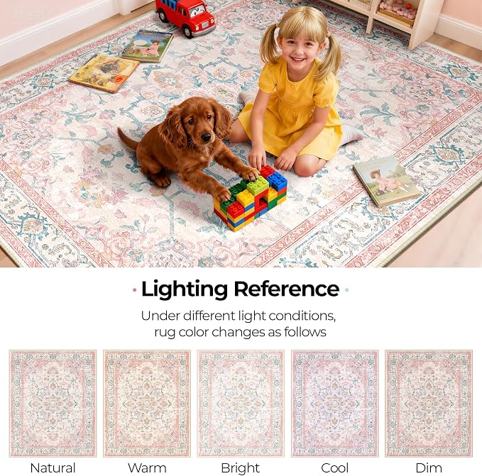 CAPALOCA 9x12 Washable Nursery Girls Low Pile Area Rug Pink Teal | Non-Slip Soft Rugs for Bedroom Kids Playroom Living Room, Print Pattern Water Repellent Carpet Indoor Decor
