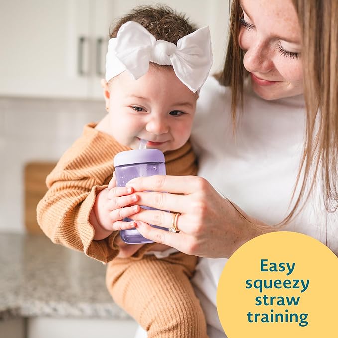 The First Years Squeeze & Sip Toddler Straw Cups - Squeezable Transition Sippy Cup with Silicone Straw - Toddler Feeding Supplies - Pink/Purple/Blue - 7 Oz - 3 Count - Ages 6 Months and Up