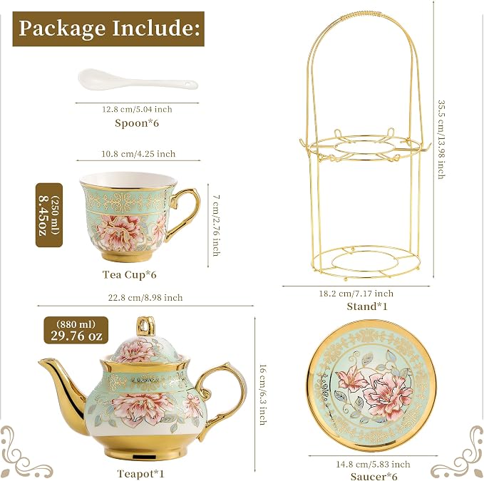 20 Pieces Porcelain Tea Set With Metal Holder, European Ceramic tea set for adults,Flower Tea Set,Tea Set For Women With Flower Painting（Light Green）