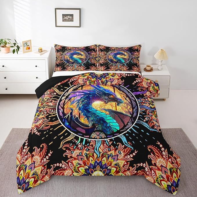 Feelyou Dragon Comforter Set Queen Size Dragon Stuff Comforter for Boys Girls Teens 3D Print Animal Bedding Set Dragon Decor Duvet Set Room Decor Golden Quilt Set