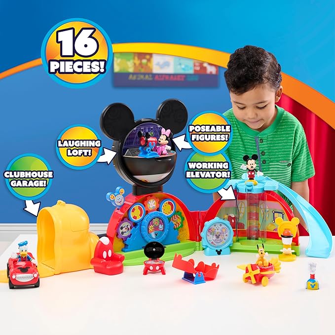 Disney Jr. Mickey Mouse Deluxe Clubhouse Playset,16-Piece Playset with Interactive Lights, Sounds & Elevator, Includes Mickey, Minnie & Donald Figures, Ages 3 and Up