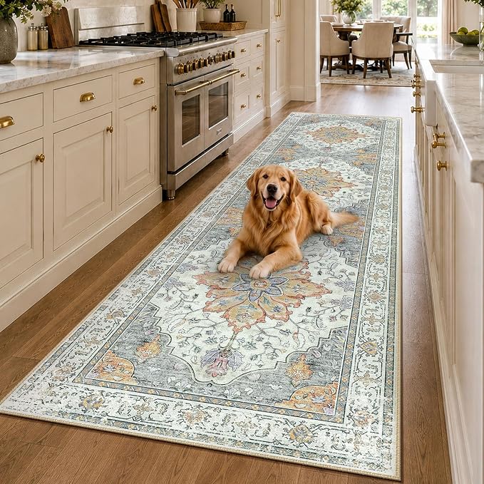 RELEANY Area Rugs Runner 3'x10' Washable Non-Slip, Floral Vintage Distress Medallion Carpet for Kitchen Hallway Bedroom Beside Laundry Room Bathroom, Beige Carbon Grey Orange