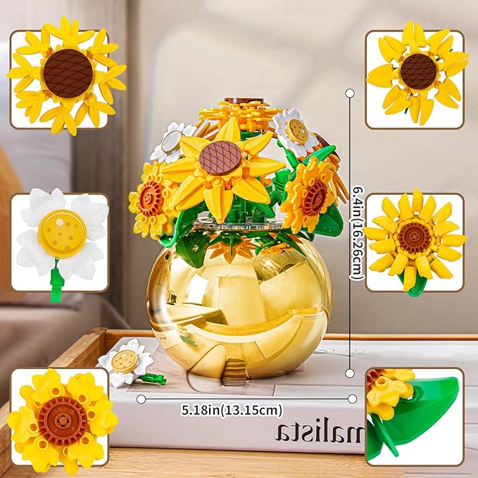 QLT QIAOLETONG Sunflowers Building Set for Adult, Botanical Collection for Woman Girls 14+, Sunflowers Pot Plants Kits Compatible with Lego Flowers