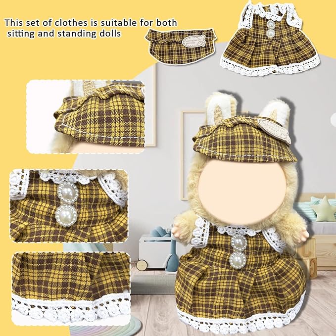 Doll Clothes for Labubu,Cute Outfit for 17cm Doll Clothe 2/3PCS Clothes and Hats Stylish Dolls Clothe for 17 cm Labubu,Casual Style Costumes for Labubu Dolls (Yellow red Plaid Set)