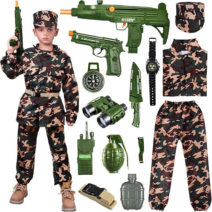 Kids Army Costume for Boys,Boys Military Soldier Costume with Army Toys, Halloween Costumes Dress Up Role Play Set