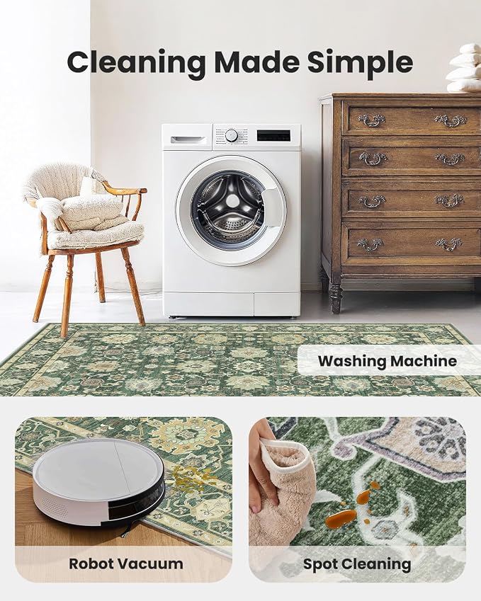 AMADA HOMEFURNISHING 2x3 Washable Entry Rug, Vintage Distress Print Pattern Carpet Small Rugs for Entryway Kitchen Bathroom Door Mat Indoor Entrance, Olive Green
