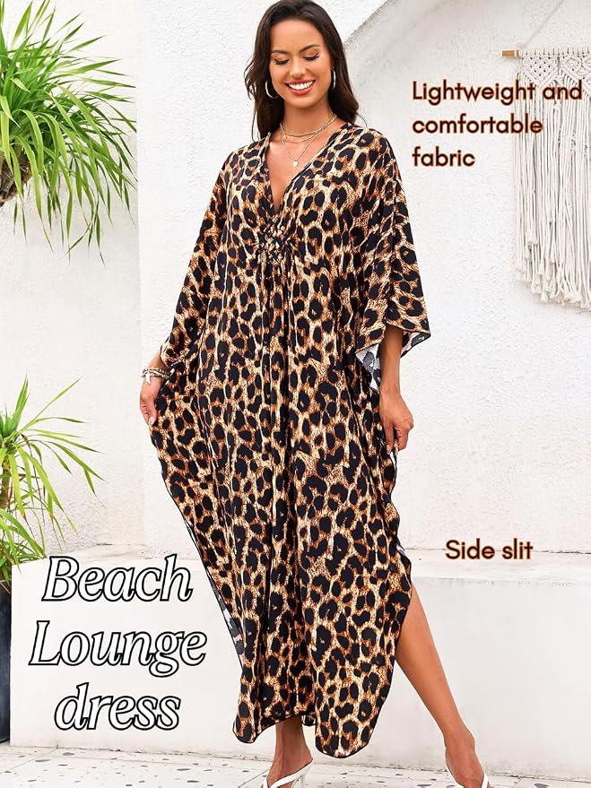 ChiaoLezhee Print Moo-Moos for Women, Kaftan Cover-Up Dresses, Sexy V-Neck High-Slit, Beach Pool-Party Coverups Muumuu Plus
