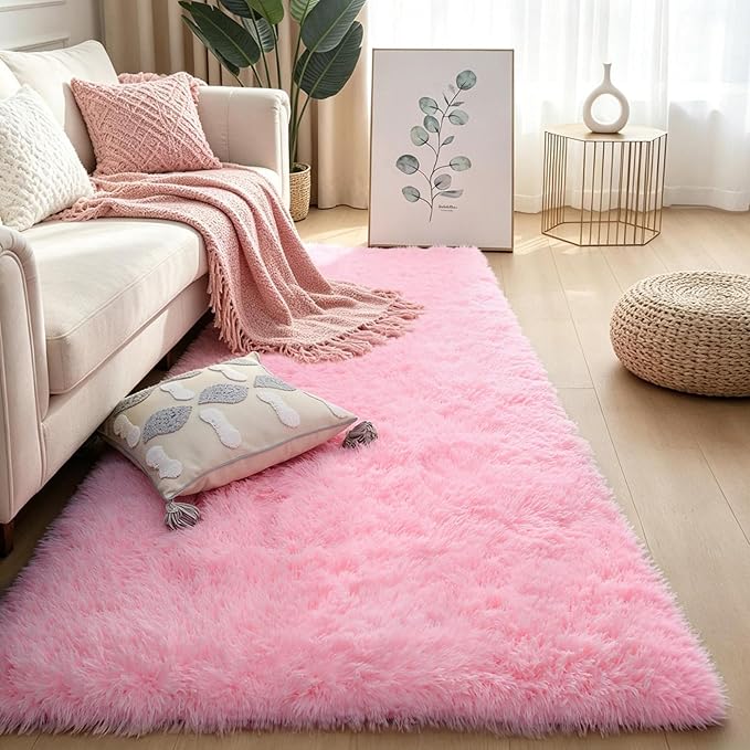 KCHOWUA Pink Fluffy Fuzzy Rug 2x6, 2 Pcs Machine Washable Plush Shag | Soft pastel shaggy furry throw rug for girls bedroom, living room, nursery, kids room, and dorm