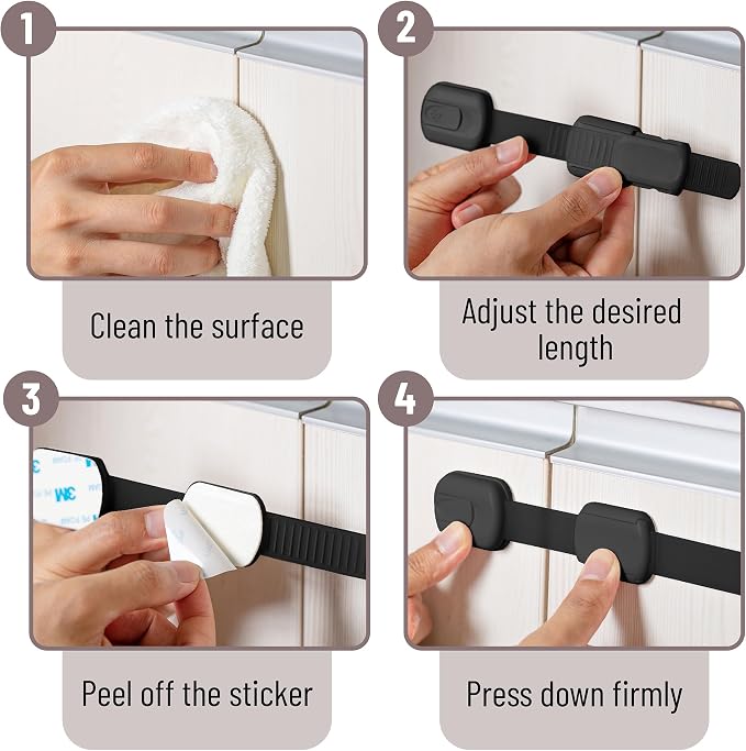Bates- Child Safety Strap Locks, 12 Pack, Black, Baby Cabinet Locks with Adjustable Strap Length