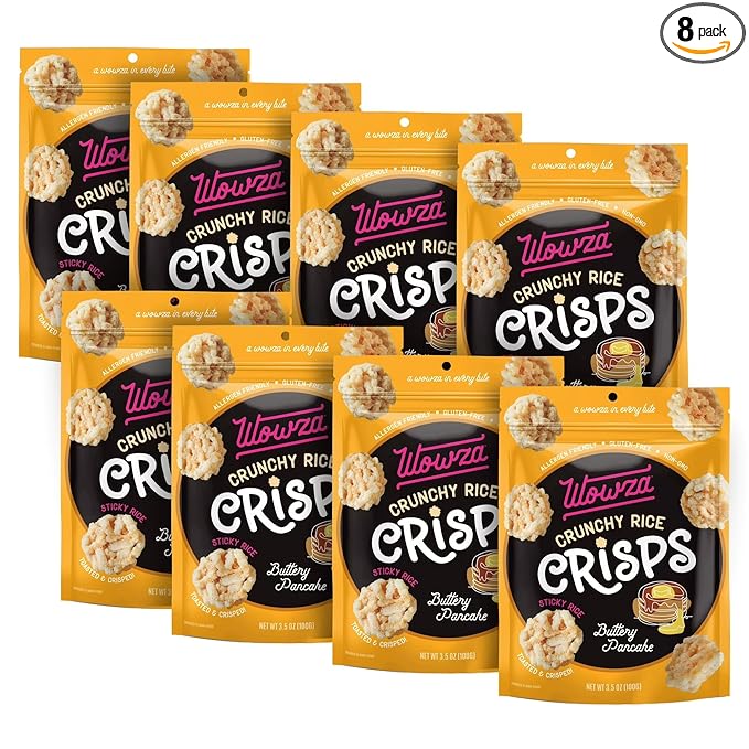 Wowza Buttery Pancake Crunchy Rice Crisps | Gluten Free, Non-GMO, 8 Pack | Sweet dessert flavor, Healthy chip alternative, Kid-friendly, 3.5 oz bags, No artificial flavors Satisfying