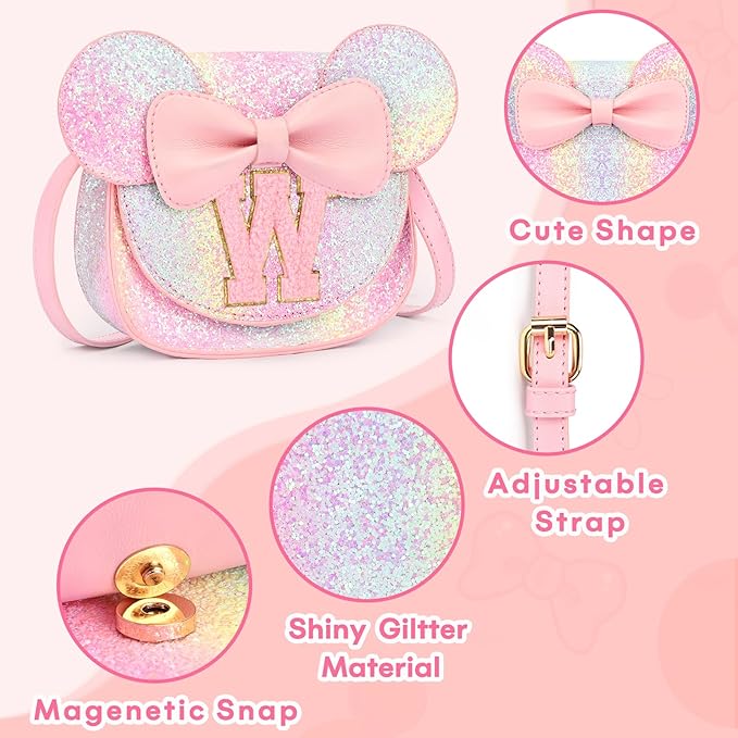mibasies Toddler Purse Girl Gifts: Girls Birthday Gifts for 3-8 - Toys for Ages 2-4 Girls Mouse Ears Purse, Glitter Rainbow, Letter W