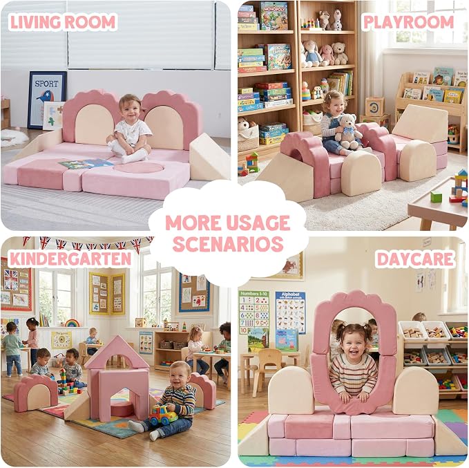 13 Pieces Foam Climbing Blocks for Toddlers|Floral Soft Play Gym,Kids Indoor Crawing Climbers & Play Structures for Bedroom,Livingroom & Playroom,Pink & Beige
