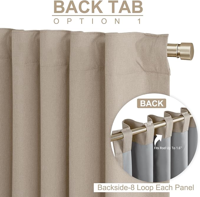 100% Blackout Shield Linen Blackout Curtains for Bedroom 96 Inches Long, Back Tab/Rod Pocket Living Room Drapes, Thermal Insulated Blackout Curtains 2 Panels Set, 50" W x 96" L,Burlywood Birch
