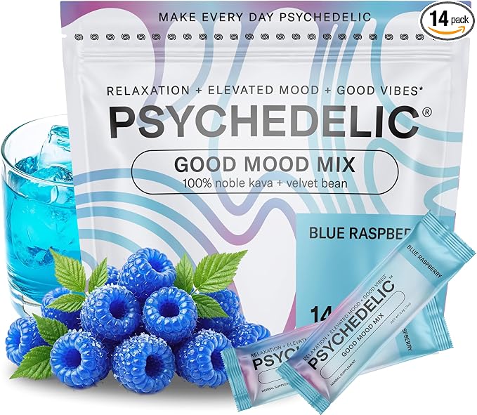 Psychedelic Water Calming Kava Drink Mix (14x5.5g) Flavored Kava Powder - Calming Drink Powder Packets - Easy Open Single Serving Drinks - 14 Calm Packets - Blue Raspberry