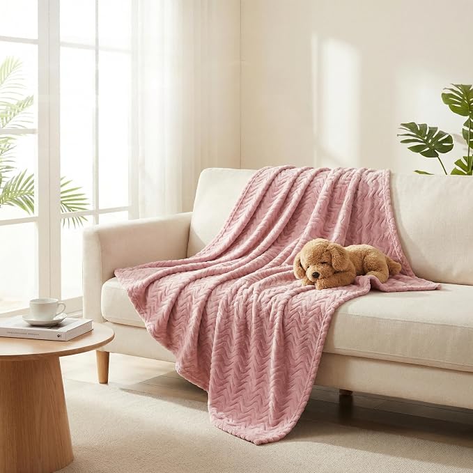Exclusivo Mezcla Large Fleece Throw Blanket for Couch, Sofa, Pink | 50"x70" Soft Breathable Lightweight Flannel Throws for Summer, Plush Cozy Jacquard Wave Blanket for Home Decor