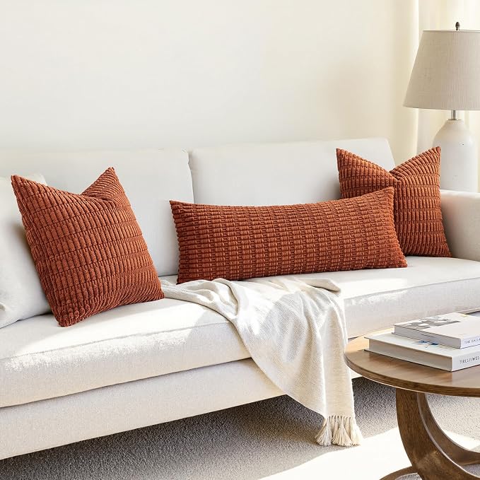 MIULEE Fall Lumbar Corduroy Throw Pillow Cover for Bed 14x36 Dark Rust | Terracotta Soft Long Decorative Cushion Cover Boho Farmhouse Accent Pillowcase Sofa Couch Livingroom Autumn Home Decor