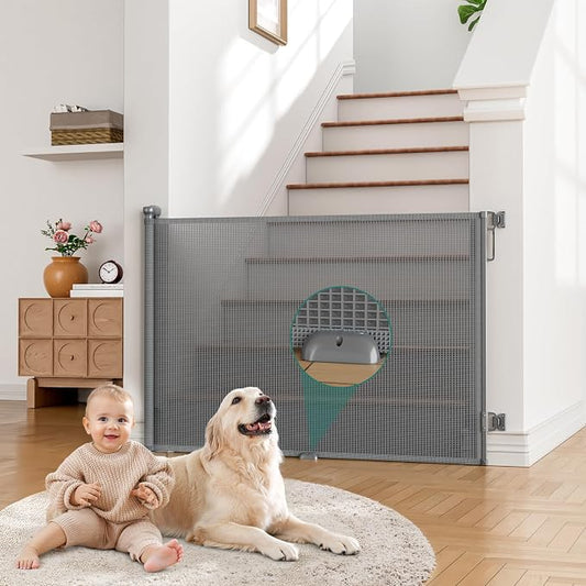 Babepai Retractable Baby Gates Extra Wide | 55" Wide x 34" Tall Dog Gates for Stairs | Indoor/Outdoor Use | Child Gates for Doorways, Deck, Porch, Hallways, Patio - Gray