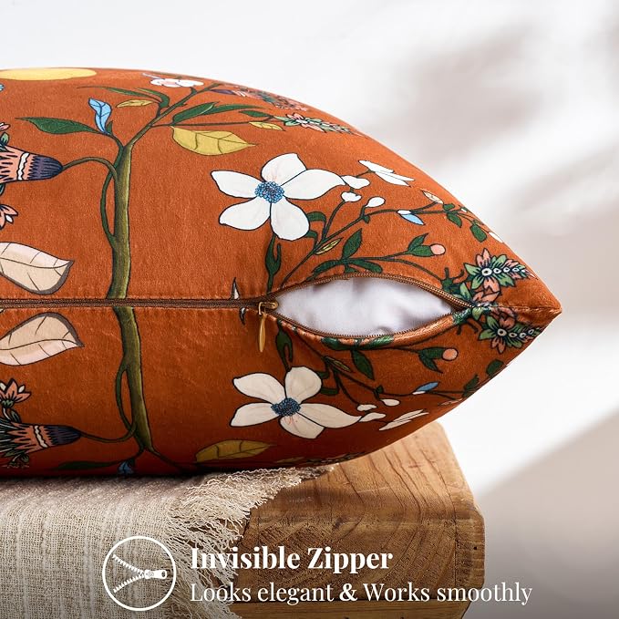 MUSSEL Burnt Orange Velvet Floral Decorative 16x16 Pillow Covers Set of 2 | Soft Durable and Sturdy,Bird Plant,Throw Pillows Case,Square,Colorful Boho Modern Cushion Covers,Home Sofa Couch Decor