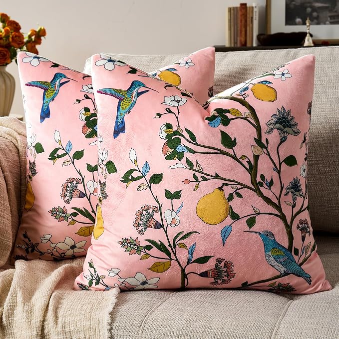 MUSSEL Light Pink Floral Vintage Decorative Pillow Covers 18x18 Set of 2 | Soft Velvet,Wild Flower Plant,Throw Pillows Case,Square,Colorful Farmhouse Cushion Covers,Home Sofa Bed Couch Decor
